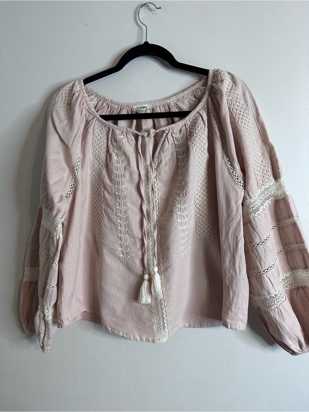 Light Pink Boho Peasant Blouse with Tassel Tie
